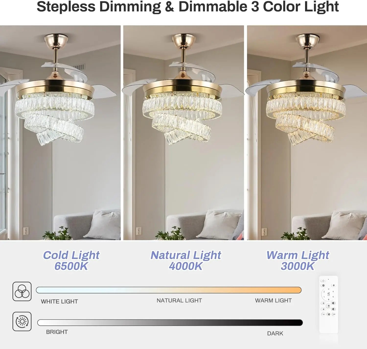 42'' Dimmable Chandeliers Fan, Crystal Ceiling Fan with Lights with APP & Remote Control, Gold Fandelier Ceiling Fan, 3 Color Ch