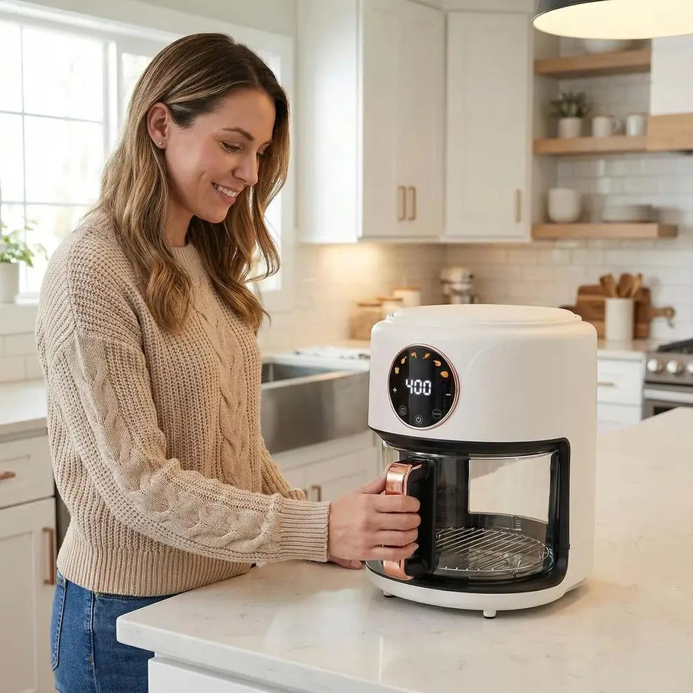 4.7QT Glass Air Fryer, 360° Viewable, 6-IN-1 Preset Cook, Digital Display, Adjustable Temp 100-400, Nonstick, Dishwasher Safe, W
