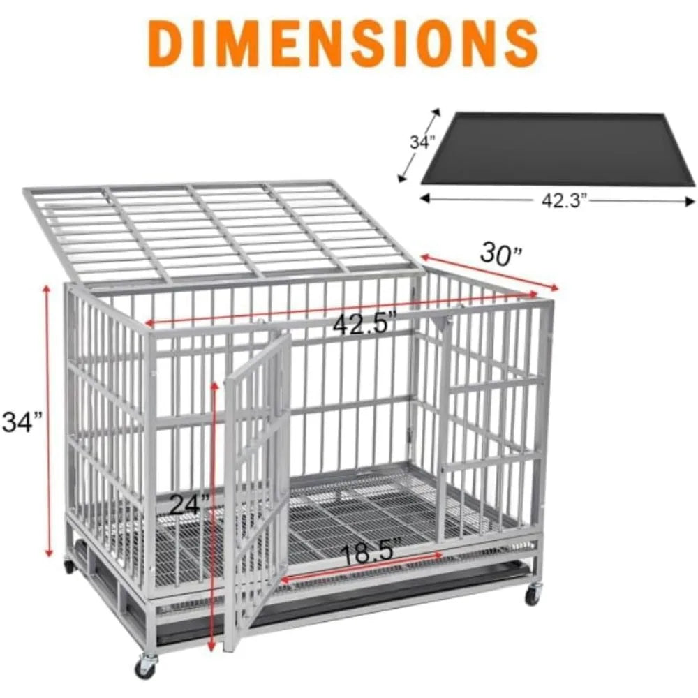 54/48/42/38 inch heavy duty dog crate cage with wheels, indestructible and escape proof steel kennel indoor for high anxiety dog