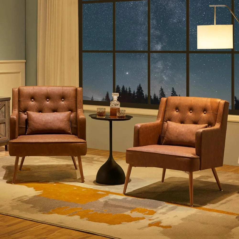 Yaheetech Accent Chair, Living Room Chair Mid Century PU Leather Armchair Lumbar Pillow, Comfy Upholstered Reading Chair Wood Le
