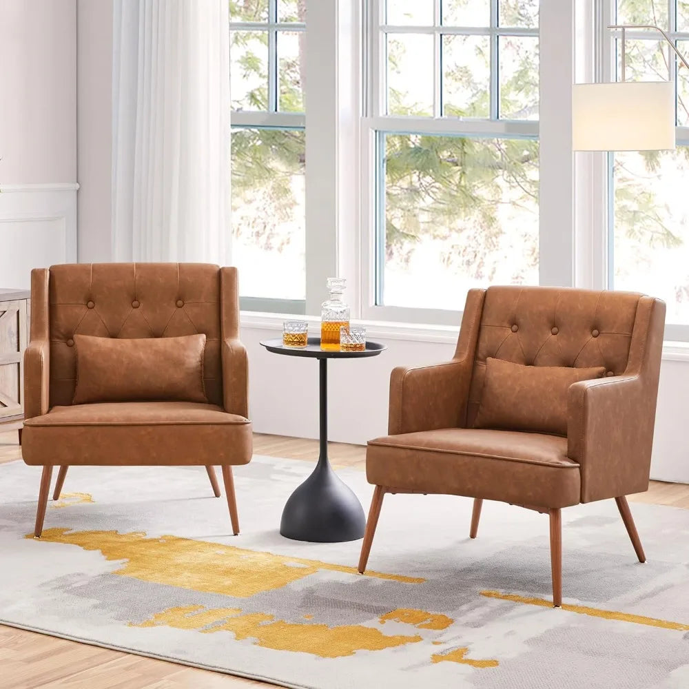 Yaheetech Accent Chair, Living Room Chair Mid Century PU Leather Armchair Lumbar Pillow, Comfy Upholstered Reading Chair Wood Le