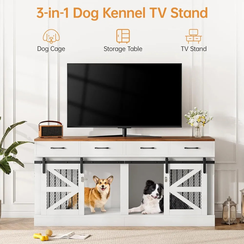 Large Dog Crate Furniture for 2 Dogs, 71 Dog Kennel Indoor with Removable Divider and 4 Storage Drawers, Sturdy Wooden