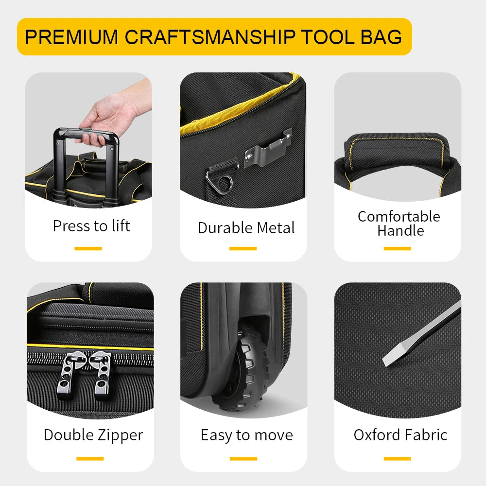 WINNHUNT 18inch Wide Mouth Rolling Tool Bag, 32 Pocket Tool Trolley Bag with Telescopic Handle and 2 Wheels, Black