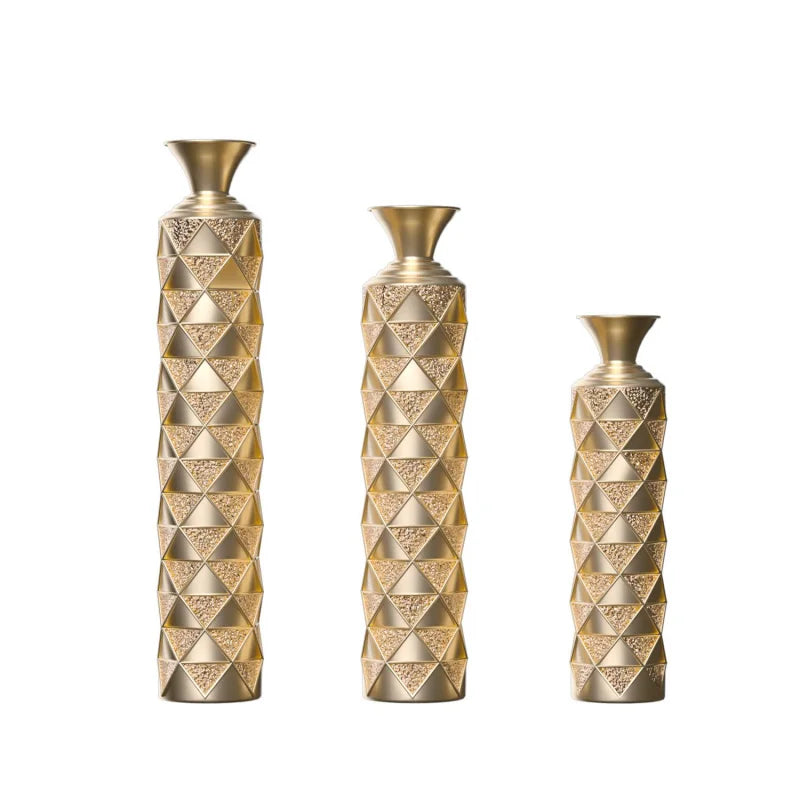 Large Size Metal Decorative Vase Set 3D Triangle Pattern 3 Sizes (33.5\" 29.5\" 25.2\") In High Gold For Home Decoration USA
