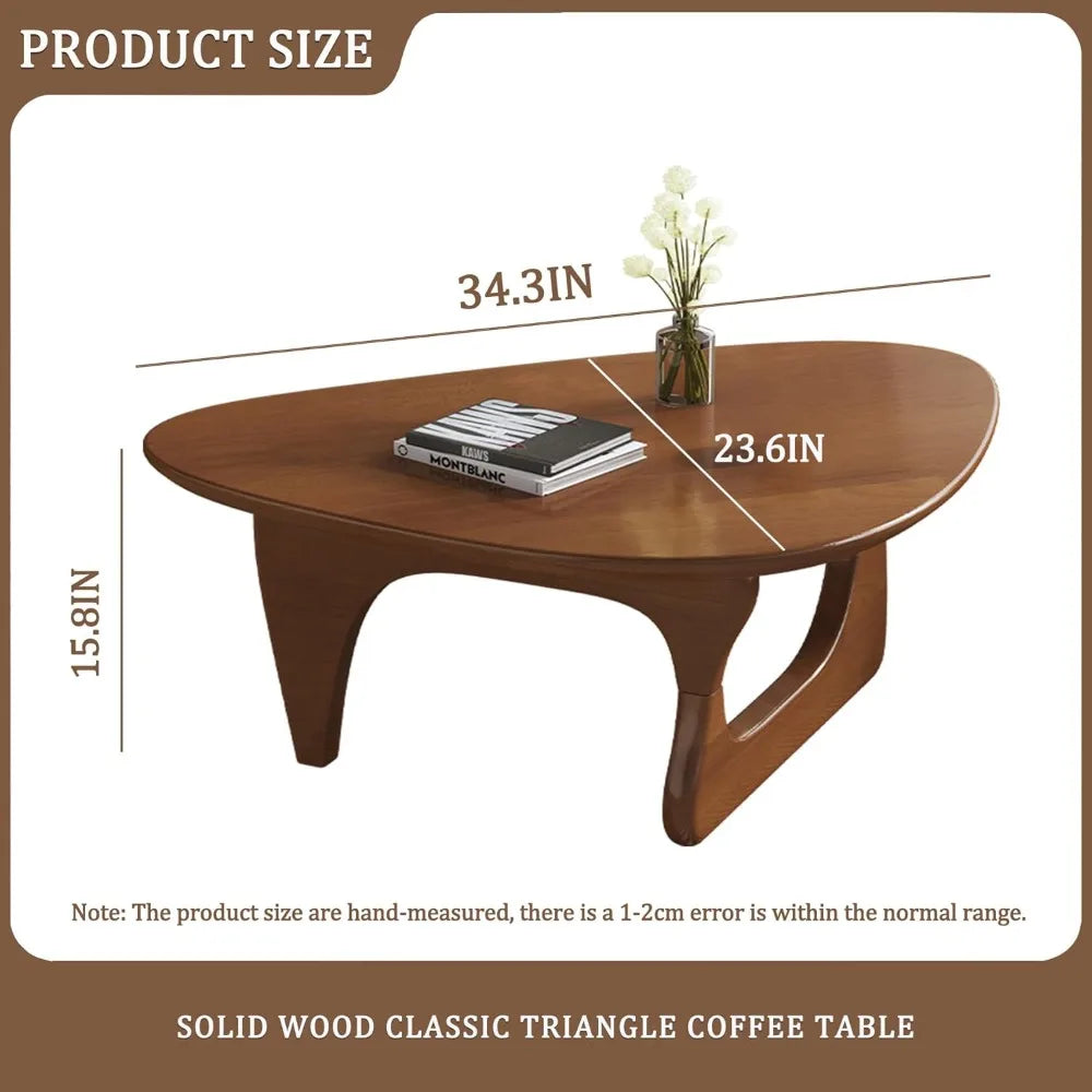 Coffee Table, Mid Century Modern Triangle Coffee Table for Living Room, Rustic Solid Wood Legs and Tabletop, Farmhouse Walnut.
