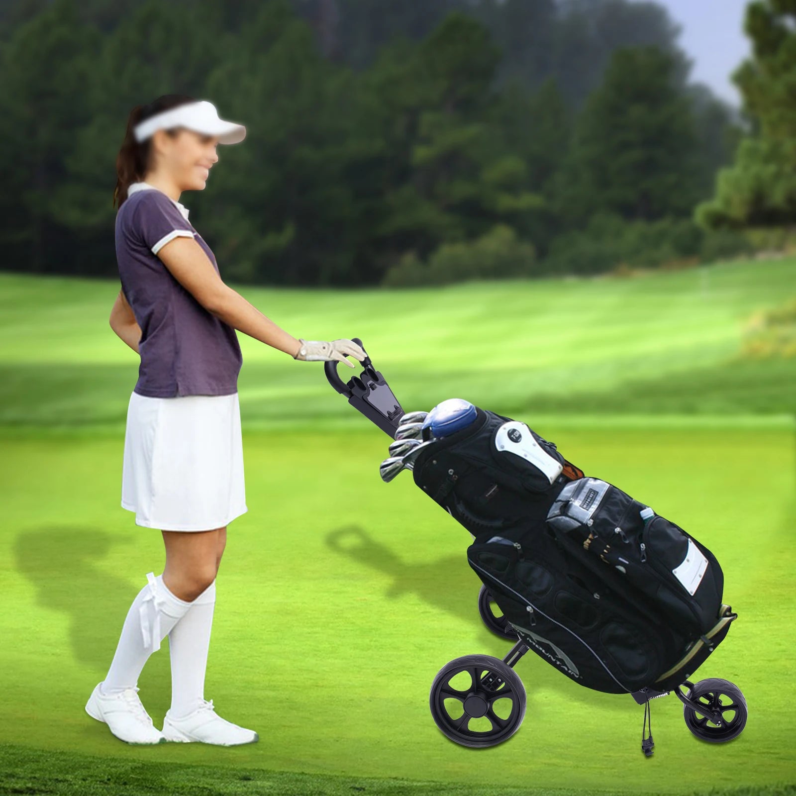 Lightweight Aluminum Golf Push Cart – 3-Wheel Folding Golf Trolley with Foot Brake, One-Second Open, Free Cup Holder Included
