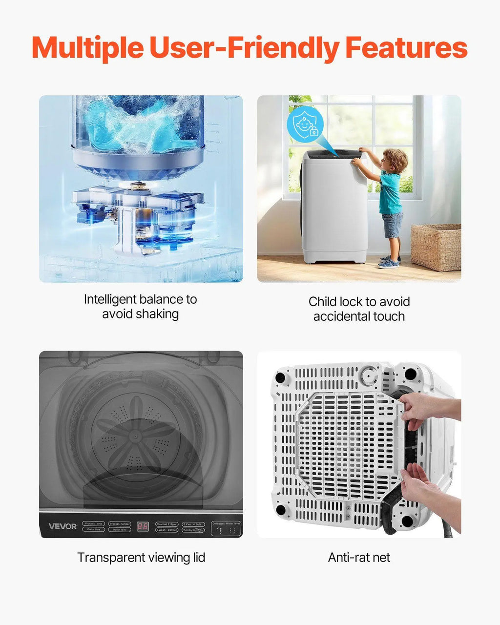 Portable Top-Load Washer 1.3cu.ft, 8 Modes, 6 Levels, LED Display, Stainless Tub, 9.92lbs Capacity
