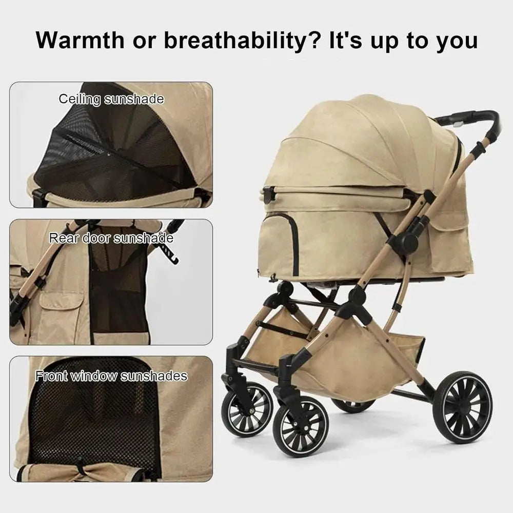 4-Wheel Pet Stroller with Sunshade, Storage, and Safety Belt for Small to Medium Dogs and Cats, Khaki