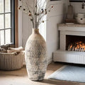 Large 18 Inch Beige Textured Handmade Vase for Modern Farmhouse and Living Room Decor, Ideal for Pampas Grass