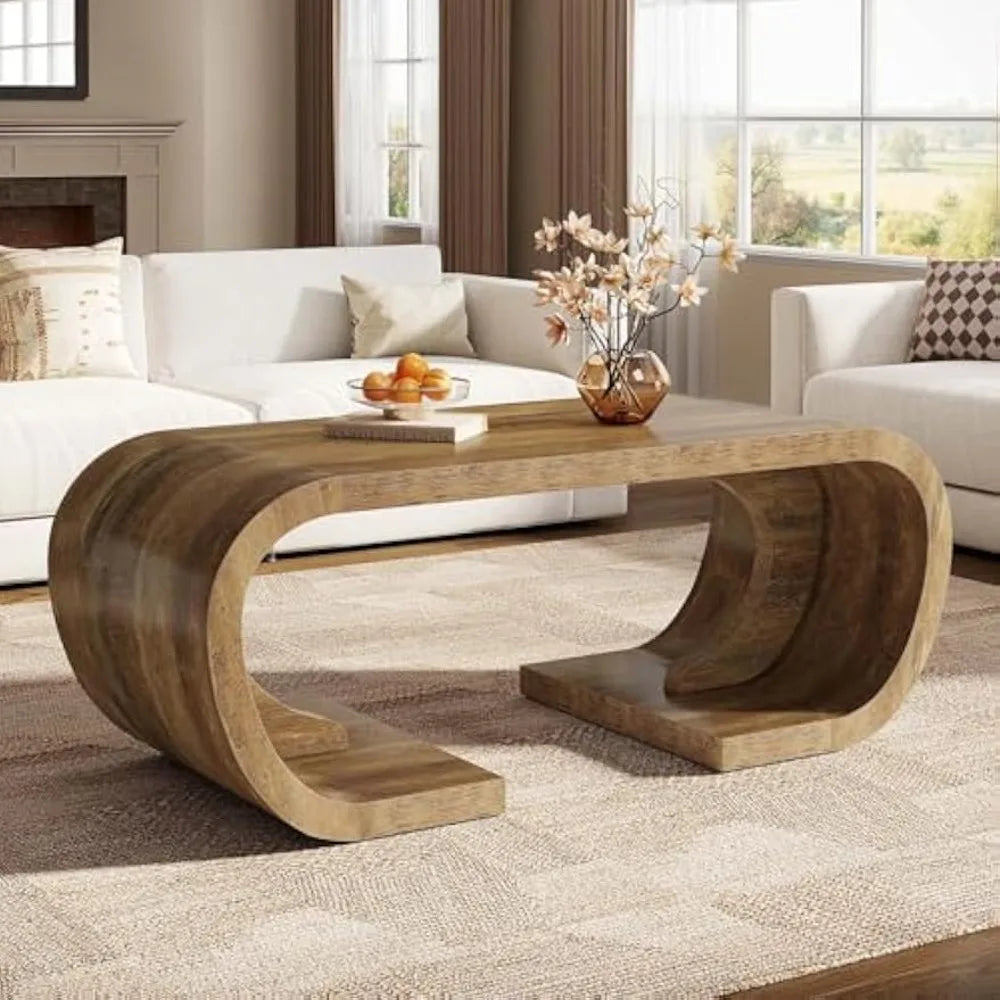 Farmhouse Coffee Table, 47" Heavy Duty C-Shaped Center Table with Curved Base, Large Tea Table for Living Room, Entertainment R