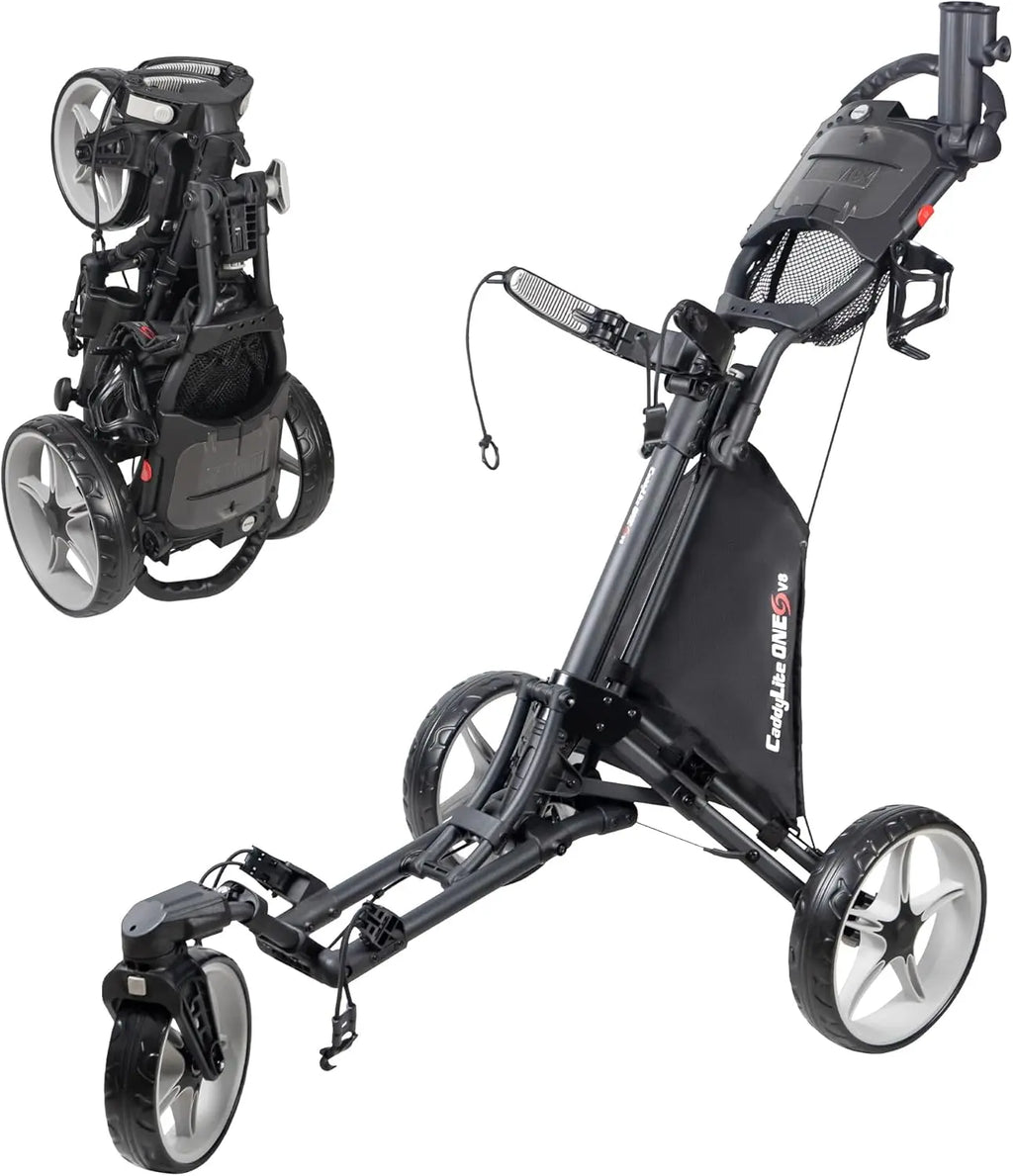 Lightweight 3-Wheel Foldable Golf Push Cart with One-Click Folding, 360° Swivel Front Wheel, Adjustable Handle & Accessories