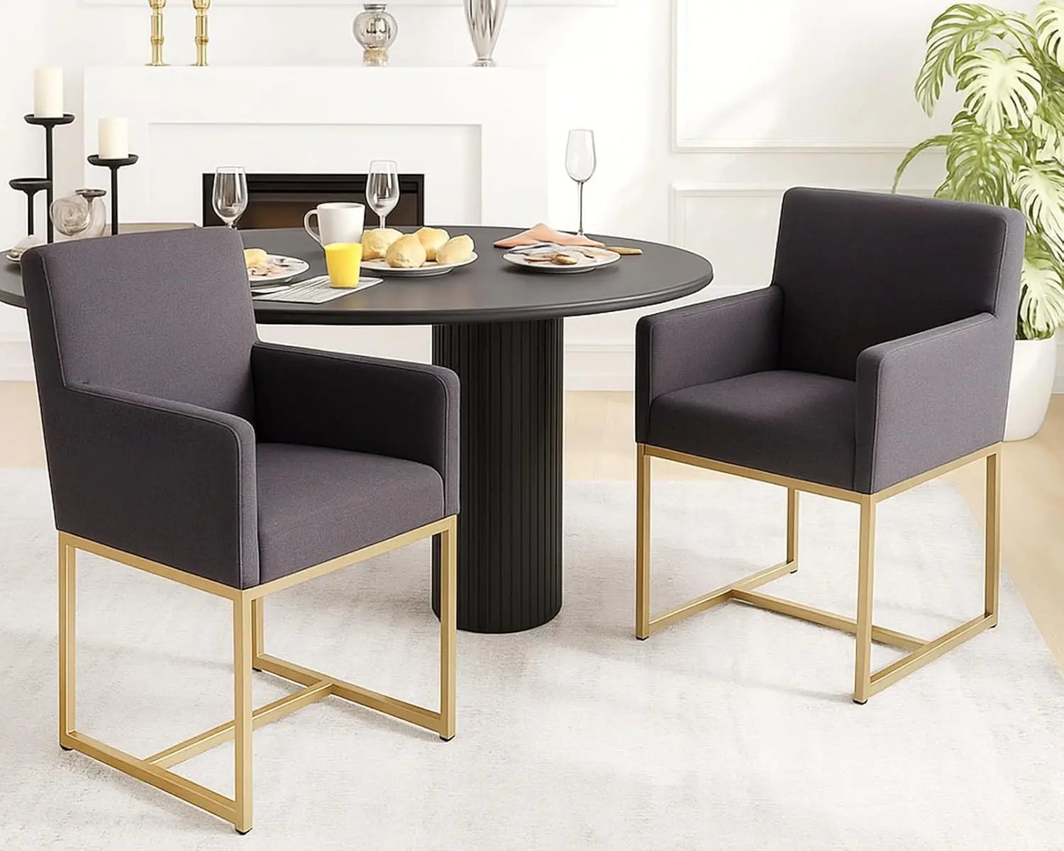 Mid Century Modern Upholstered Dining Chairs with Arms Set of 2, Linen Accent Black Finish Metal Frame, 19'' Wide Arm for Living