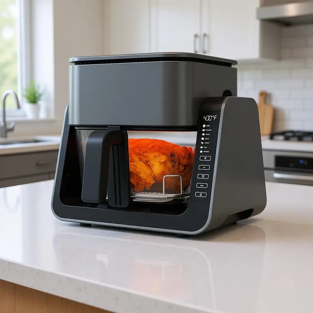 Glass Air Fryer & Grill Combo, Non-Toxic Rice, 360° Visible Cooking, 7 Presets, Compact for 1-2 People, 5.5QT Capacity, Dishwash