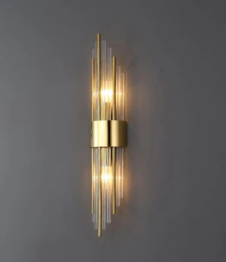 2-Light Modern Brushed Titanium Gold Wall Sconce with Clear Glass Crystal Luxury Wall Light Fixtures for Bedroom Living Room Bat