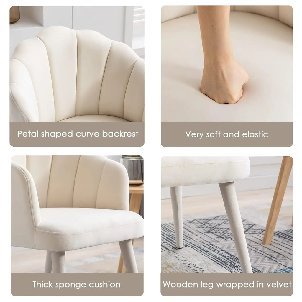 Velvet Dining Chairs 2,Upholstered Mid-Century Accent Petal Back Wooden Legs Kitchen Bedroom Cream,Customized