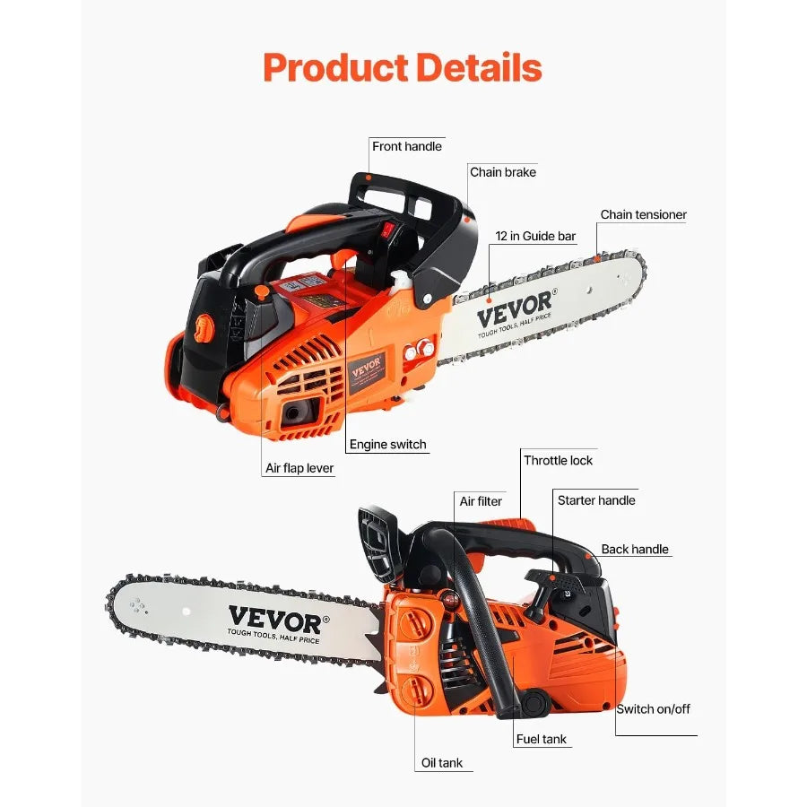 25.4 CC 2Cycle Top Handle Gas Powered Chainsaw 12 Inch Petrol Handheld Cordless Chain Saw for Tree Wood Cutting