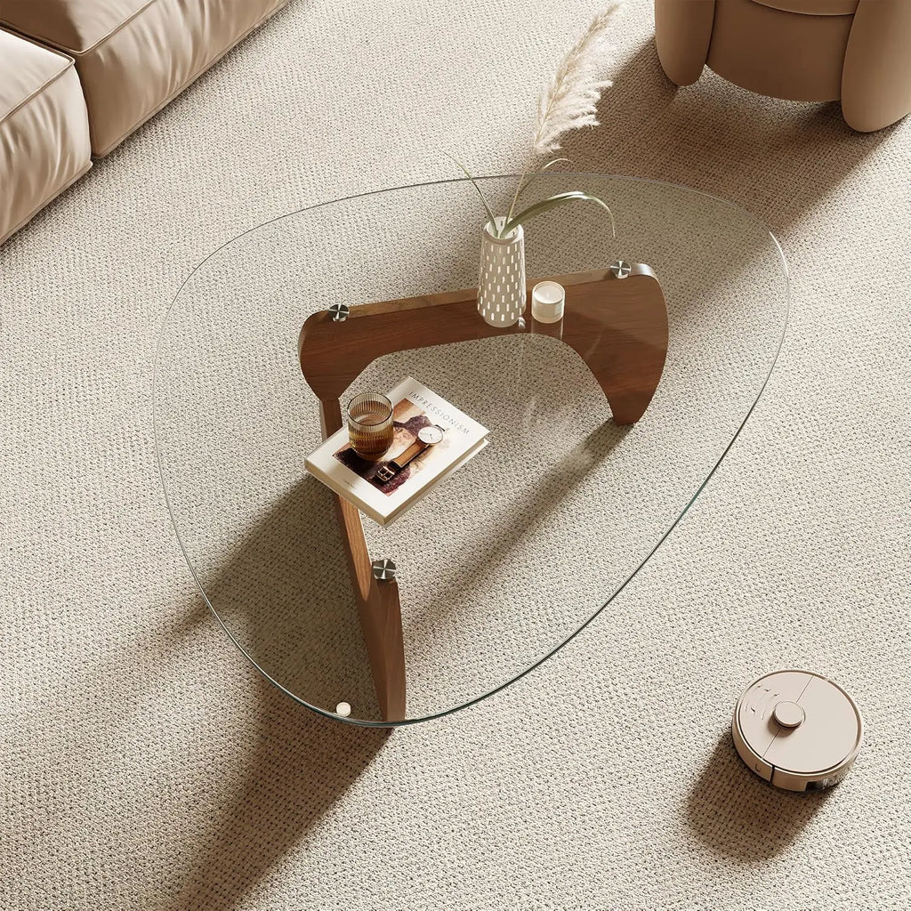 Morden Coffee Table, 42.5" x 28.5" x 16.1" Triangle Tempered Glass Top for Living Room, Color: Natural Wood