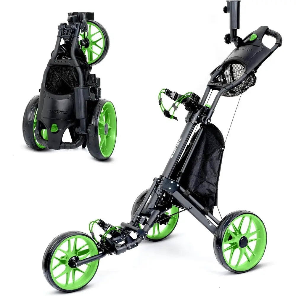 Compact Lightweight Golf Push Cart with Cooler, Flat Fold Trolley, Brake, and Cup Umbrella Holder