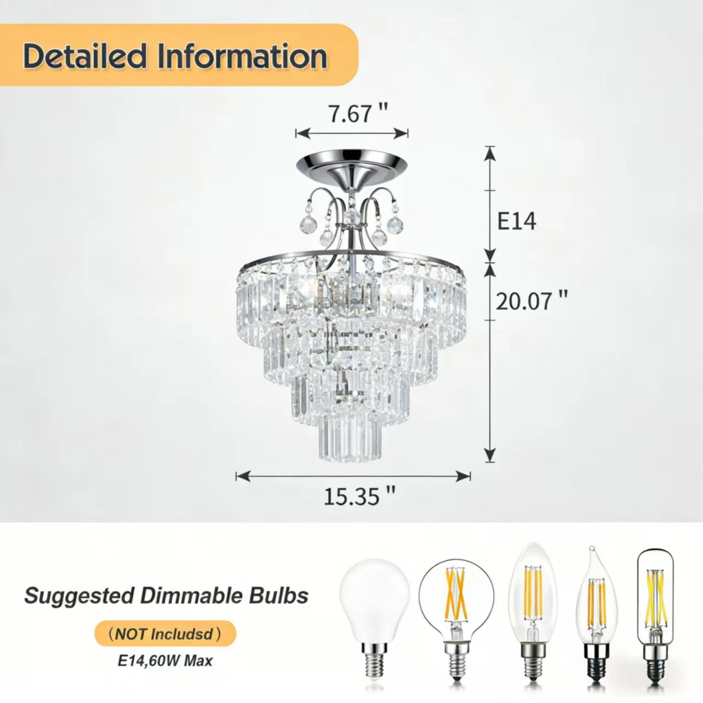 Modern Silver Crystal Ceiling Light, Dimmable K9 Crystal Ceiling Light- Living Room/Bedroom/Kitchen Island/Hallway/Dining Room