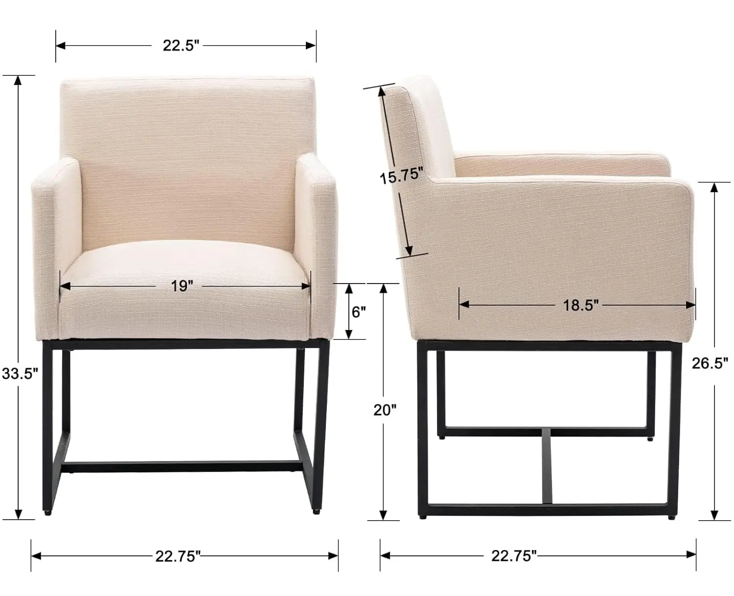 Mid Century Modern Upholstered Dining Chairs with Arms Set of 2, Linen Accent Black Finish Metal Frame, 19'' Wide Arm for Living