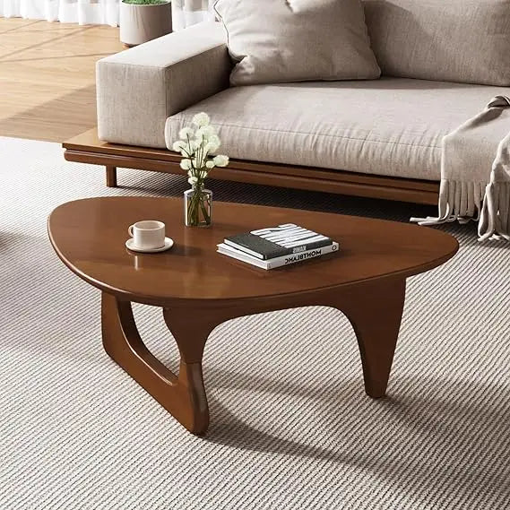 Coffee Table, Mid Century Modern Triangle Coffee Table for Living Room, Rustic Solid Wood Legs and Tabletop, Farmhouse Walnut.