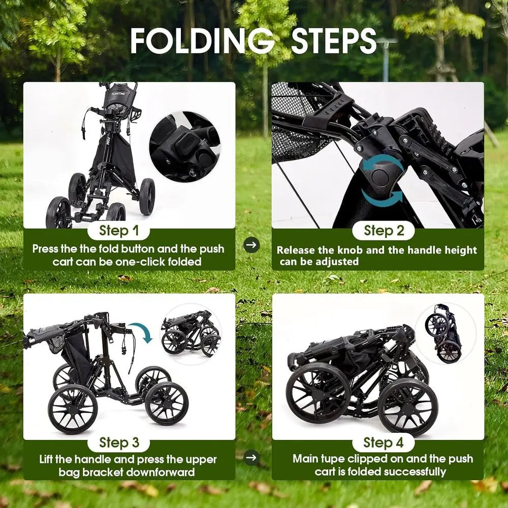 Push Cart 4-Wheels, Folding Golf Cart, Golf Pull Cart with Cup Holder, Umbrella Holder, Cooler Bag, Foldable with one-Click, Han