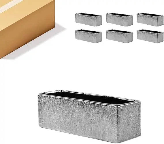 Long Rectangular Silver Etched Ceramic Planter Vase for Flower Arrangements, 12 x 4 x 4, Block Style Terrarium Box Pot, Suitable