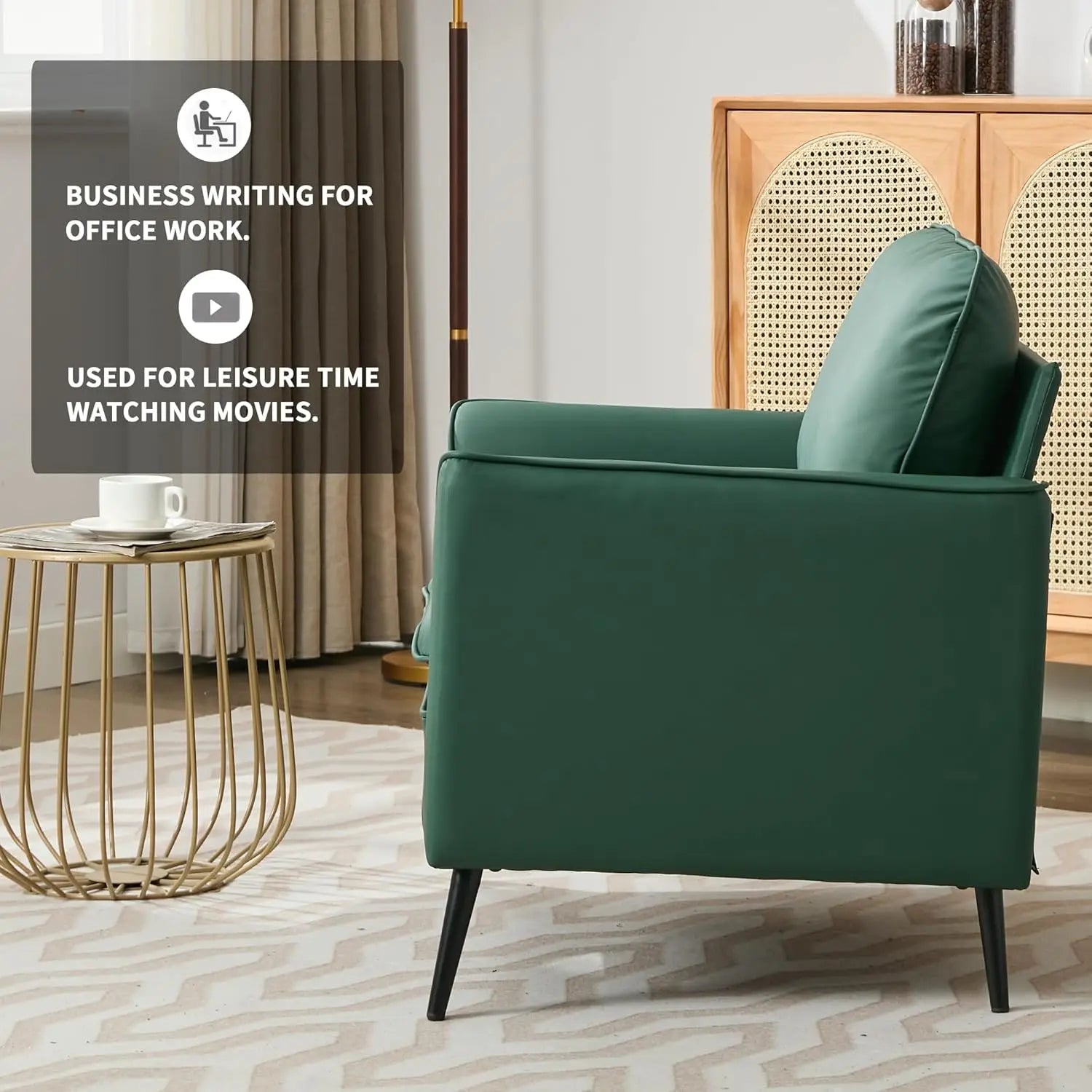 Modern Accent Living Room Chairs, Leather Oversized Single Sofa Chair with Metal Legs, Mid Century Comfy Armchair for Bedr