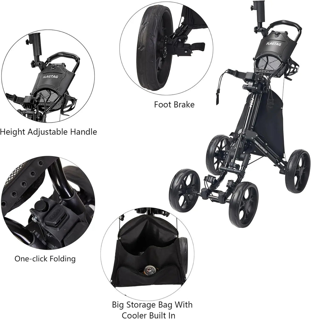 4-Wheel Folding Golf Push Cart with Adjustable Handle, Cup Holder, Umbrella Holder & Cooler Bag