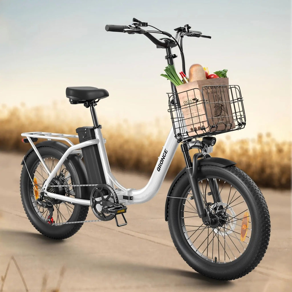 QRONGE Mirage Electric Bike 1000W Peak Folding E-bike 486Wh 70 Miles Range 7 Speed 25 MPH Max Electric Bicycle With Front Basket