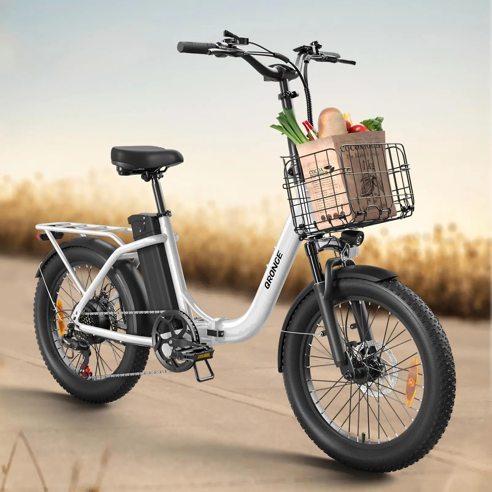 QRONGE Mirage Electric Bike 1000W Peak Folding E-bike 486Wh 70 Miles Range 7 Speed 25 MPH Max Electric Bicycle With Front Basket