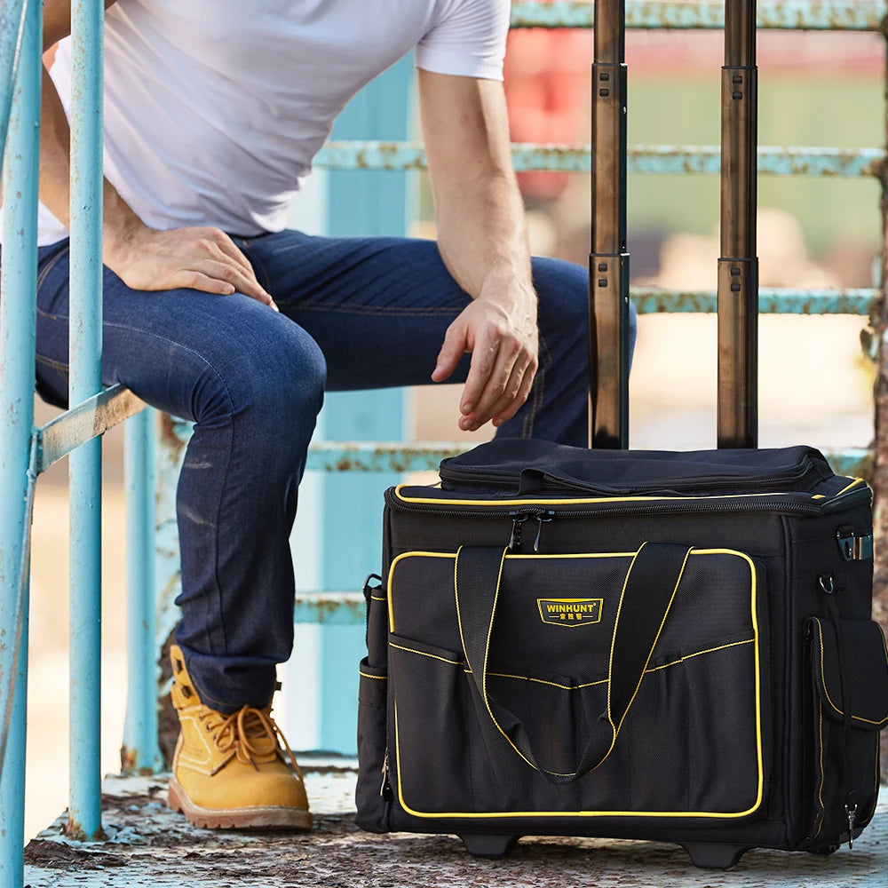 WINNHUNT 18inch Wide Mouth Rolling Tool Bag, 32 Pocket Tool Trolley Bag with Telescopic Handle and 2 Wheels, Black