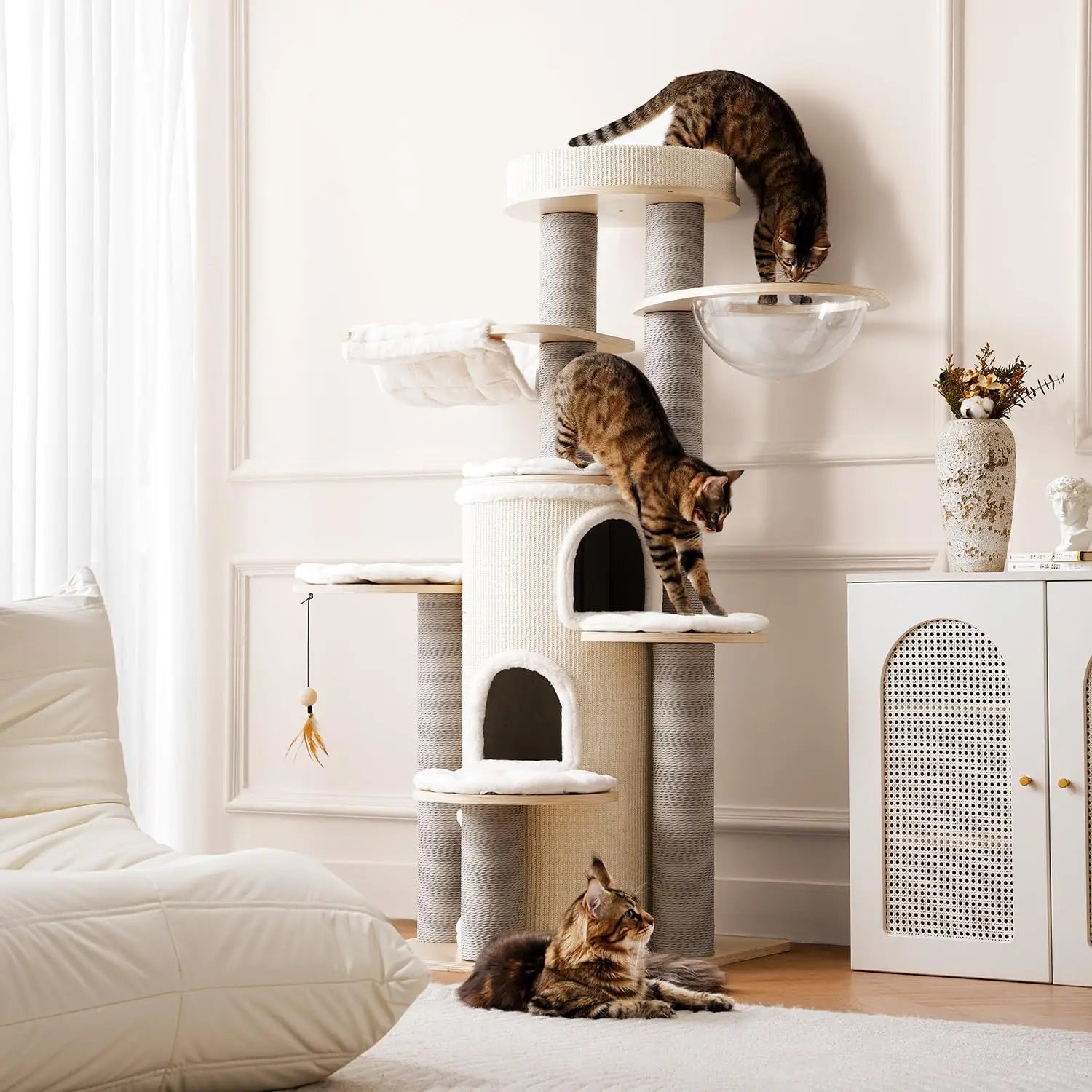 63 Inches Castle for Indoor Cats, Tall Wood Cat Tree with Hanging Toys, Solid Tower with Scratching Post, Cat, Customized