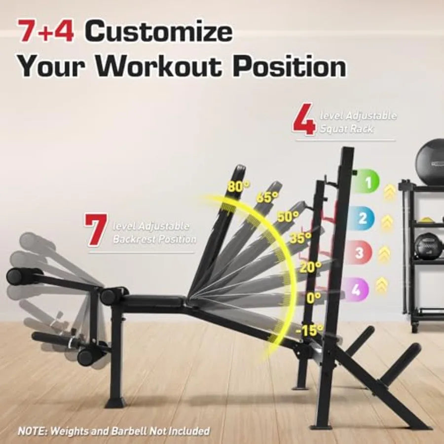 Adjustable Weight Bench Press Set 900LBS with 72''W Squat Rack Leg Extension/Curl Foldable Workout Bench for Full Body Fitness