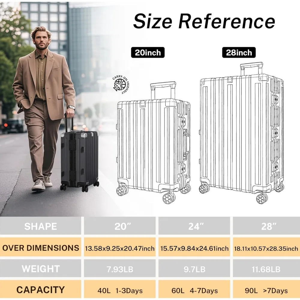 Carry On Luggage 20 inch Aluminum Frame Suitcase with Spinner Wheels No Zipper Hardshell PC+ABS Luggages TSA Lock Zipperle
