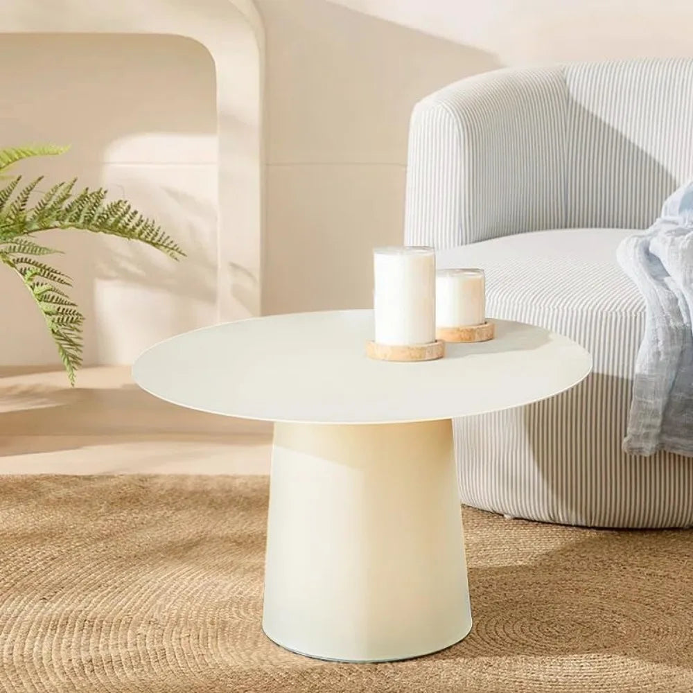 W24 Modern Small Round Coffee Table in White Side Table with Iron for Living Room Bedroom