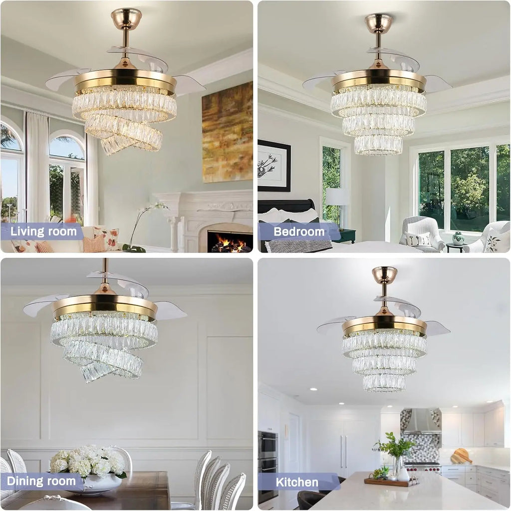 42'' Dimmable Chandeliers Fan, Crystal Ceiling Fan with Lights with APP & Remote Control, Gold Fandelier Ceiling Fan, 3 Color Ch