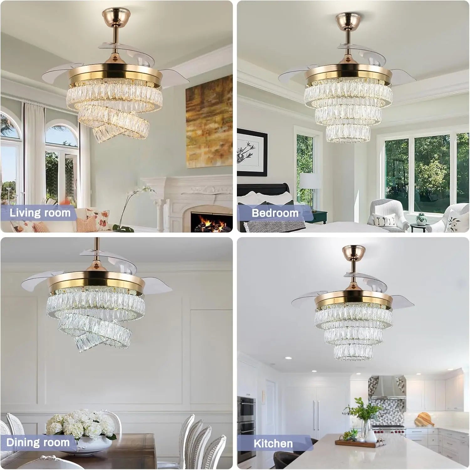 42'' Dimmable Chandeliers Fan, Crystal Ceiling Fan with Lights with APP & Remote Control, Gold Fandelier Ceiling Fan, 3 Color Ch