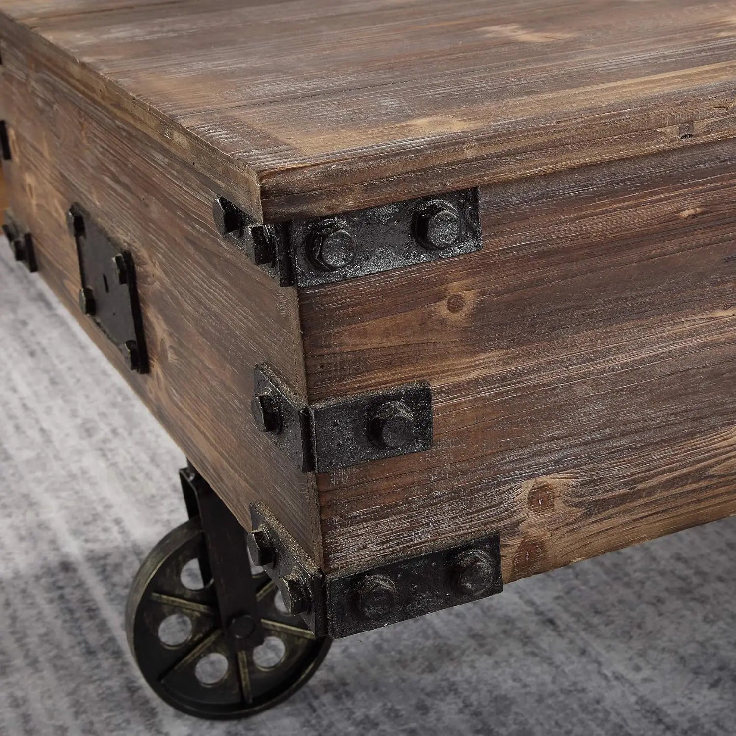 Factory Cart Coffee Table, Vintage Center Table With Wheels For Living Room, Rectangular, Wood, Farmhouse, 47.25 Inc
