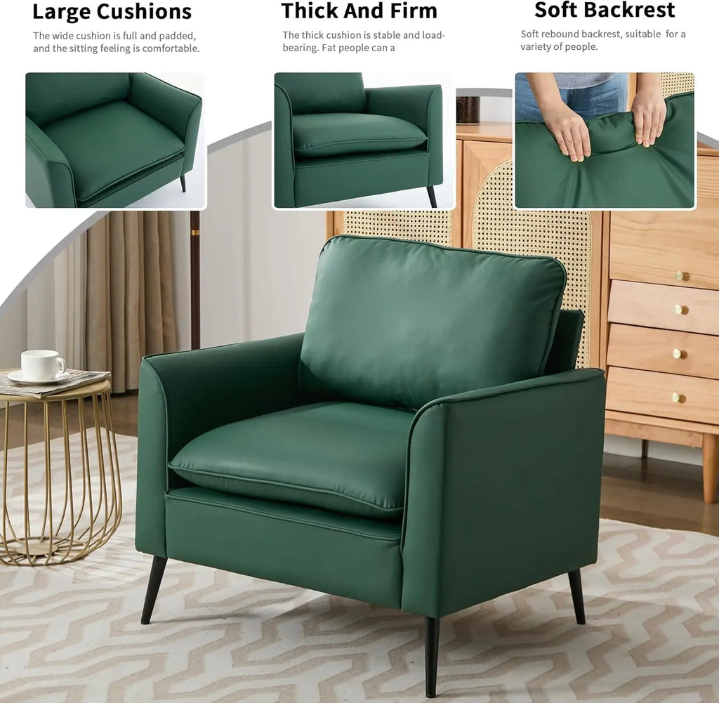 Modern Accent Living Room Chairs, Leather Oversized Single Sofa Chair with Metal Legs, Mid Century Comfy Armchair for Bedr