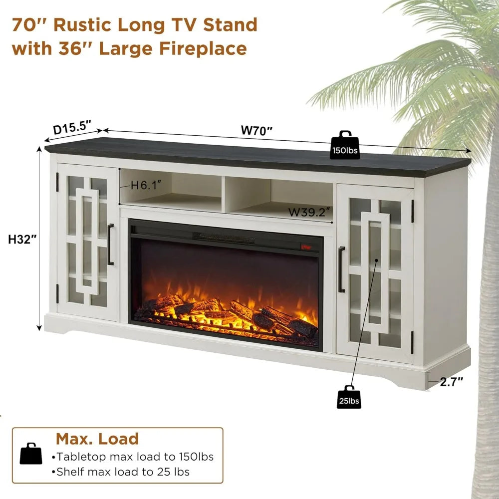 Farmhouse Fireplace TV Stand with 36" Electric Fireplace for 80 Inch TV, 32" Tall Entertainment Center, Modern Media Console, 6