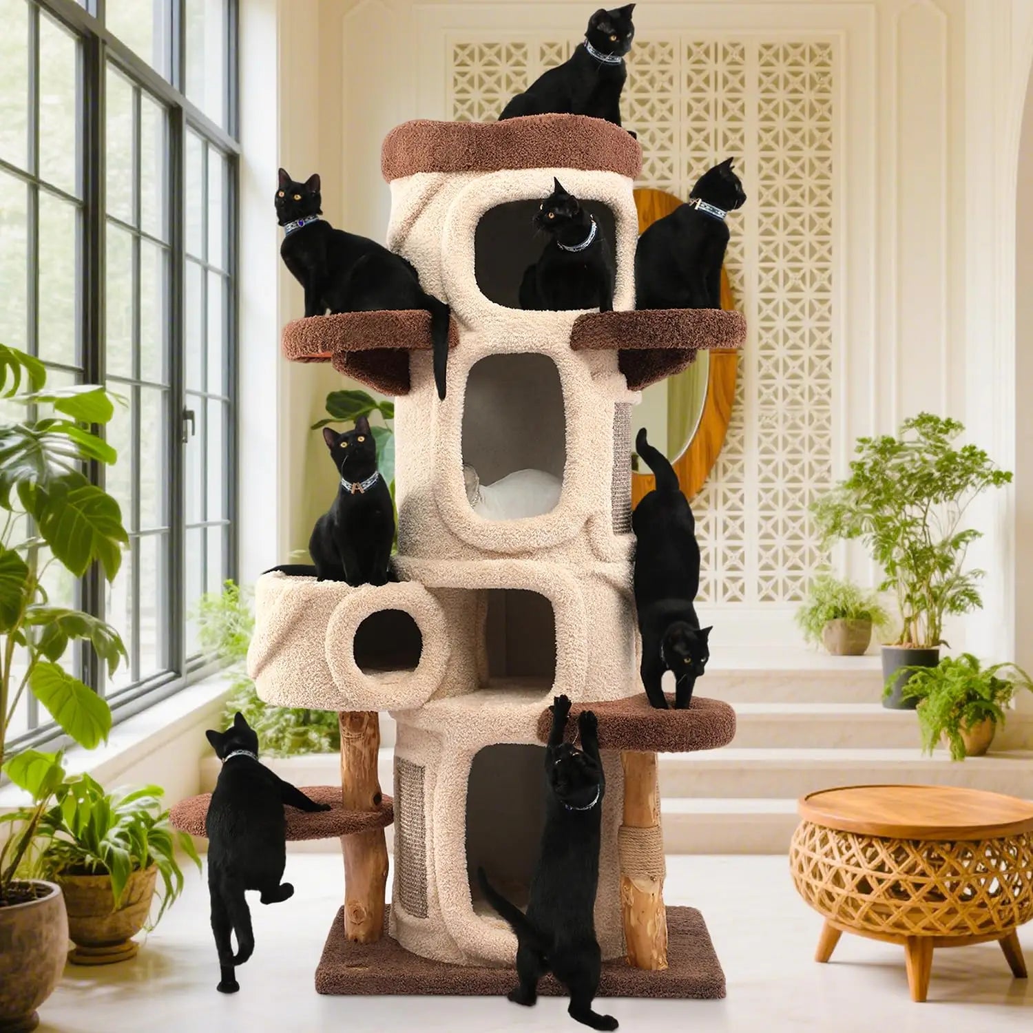 Modern Cat Tree for Indoor Cats,54.7'' Tall Luxury Treehouse Cat Tower with Wood Scratching Posts for Decoration,3, Customized