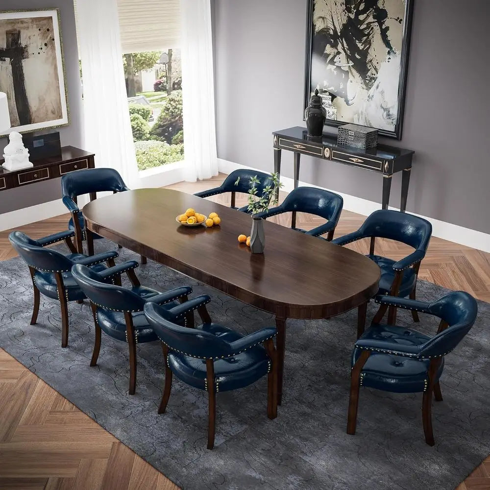 Upholstered Dining Chairs Set of 2 with Arms, Vintage Accent Stools, Brown Legs & Navy Blue, NX173-318LB