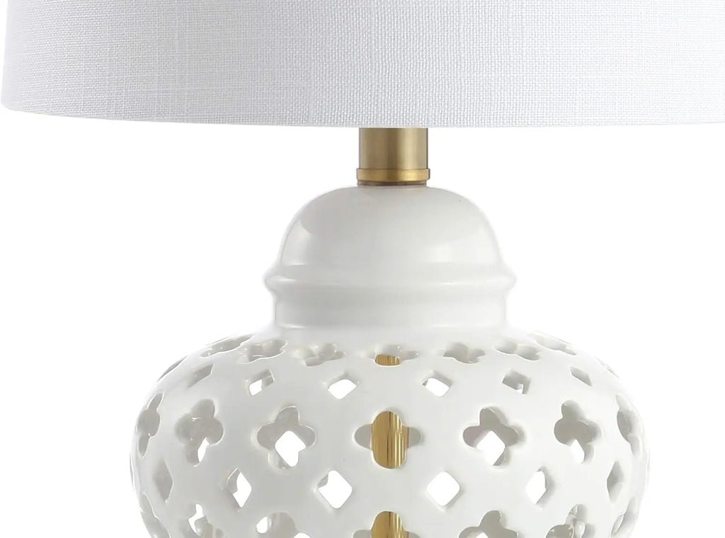 White Porcelain LED Table Lamp with Quatrefoil Design, 20.5" Height for Bedroom Desk Nightstand
