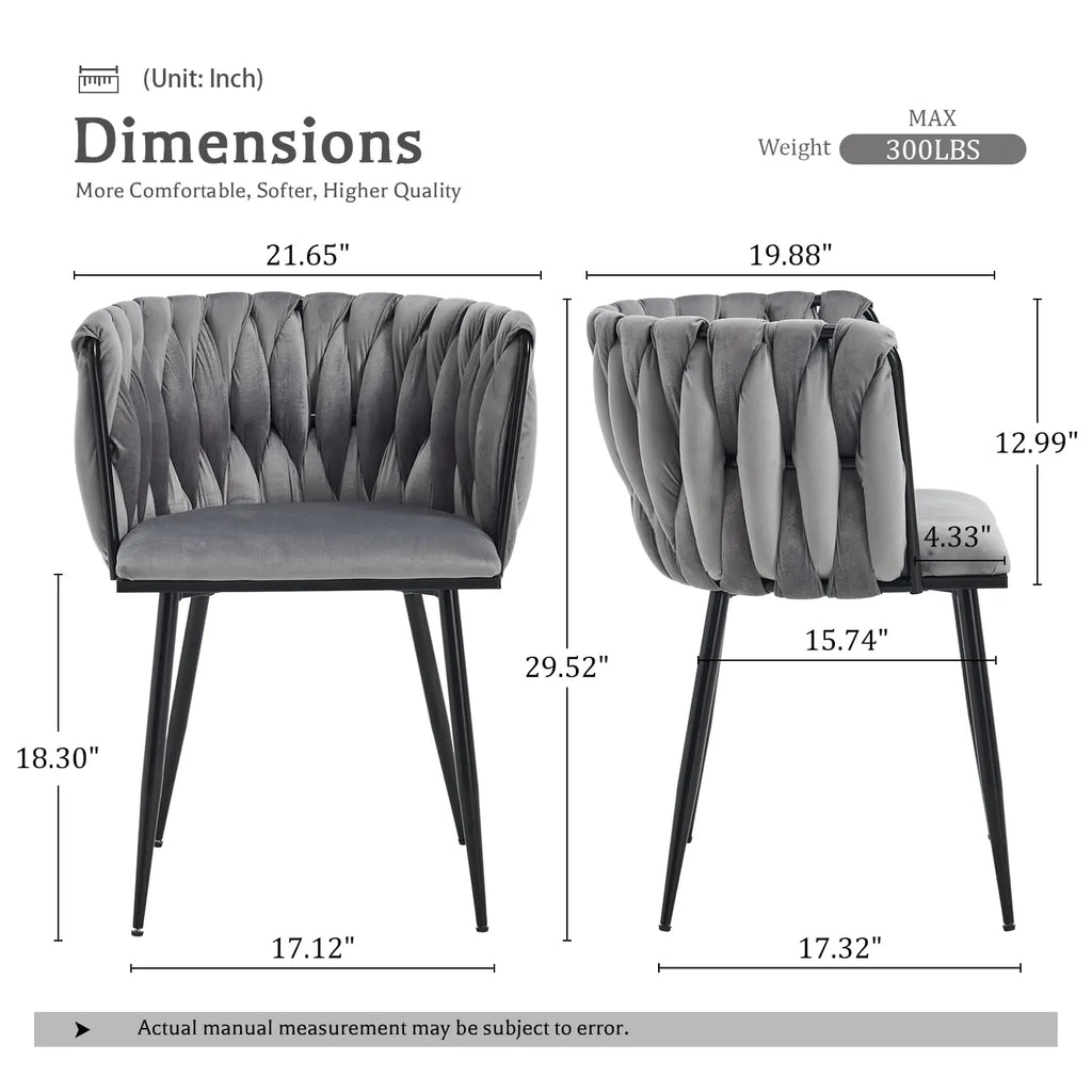 Velvet Upholstered Dining Chairs Set of 6 Woven Kitchen Leisure Armchair Modern Accent Powder-Coated Black Legs Grey, Customized