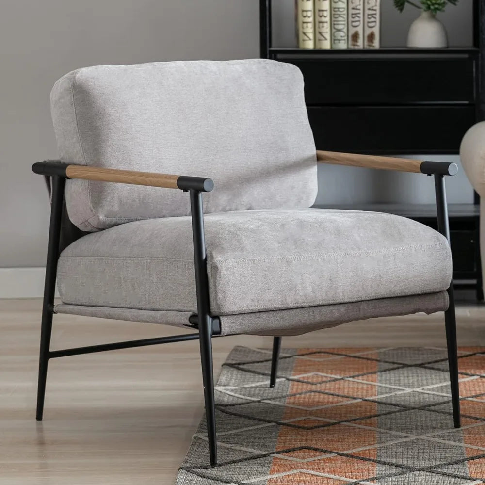 Mid-Century Modern Accent Chair Armchair, Soft Linen Fabric Sofa Lounge Chair Reading Chair with Metal Leg for Living Roo
