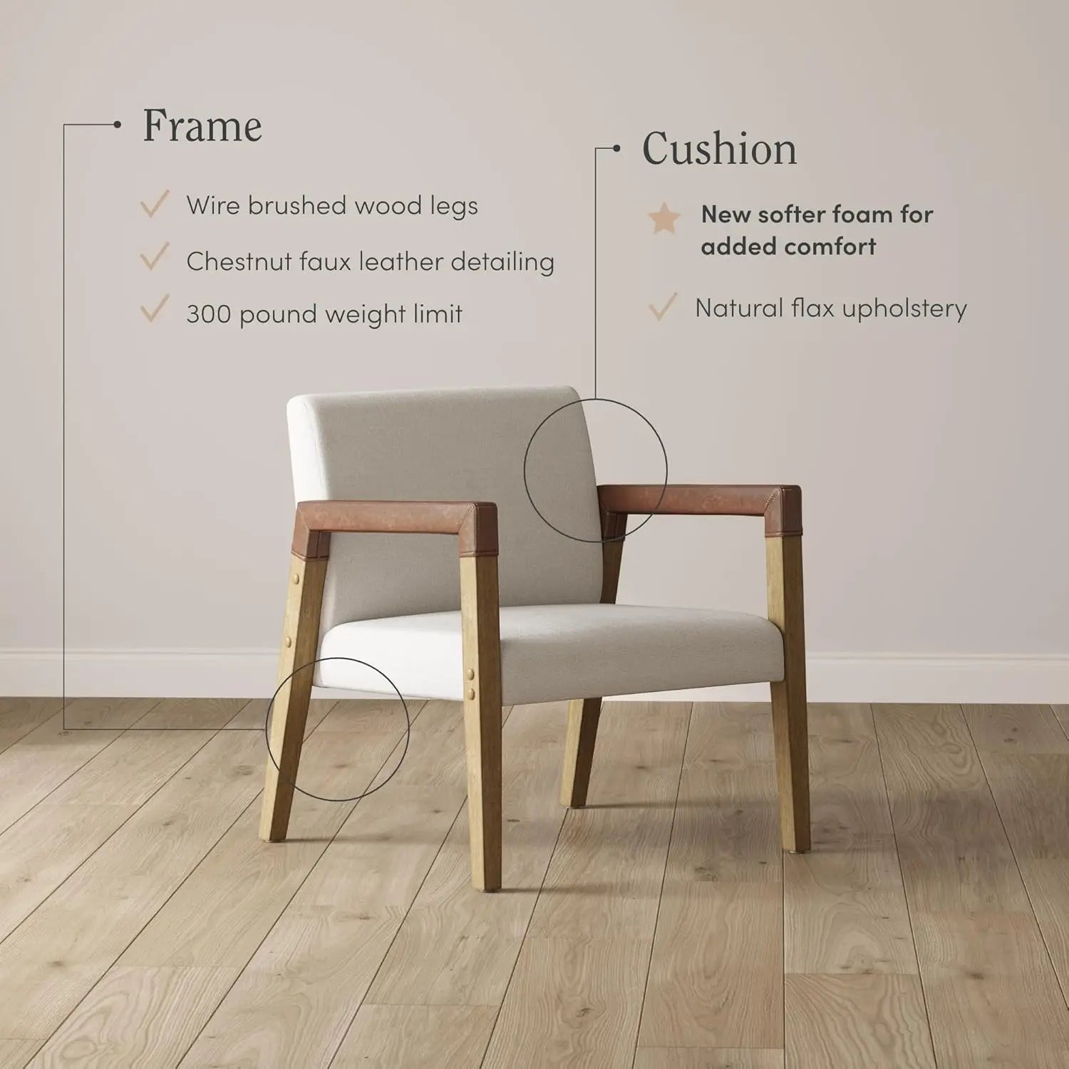 James Hudson Accent Living Room Chair, Comfy Reading Bedroom Chair, Mid-Century Wood Armchair, Upholstered Fabric and Lea