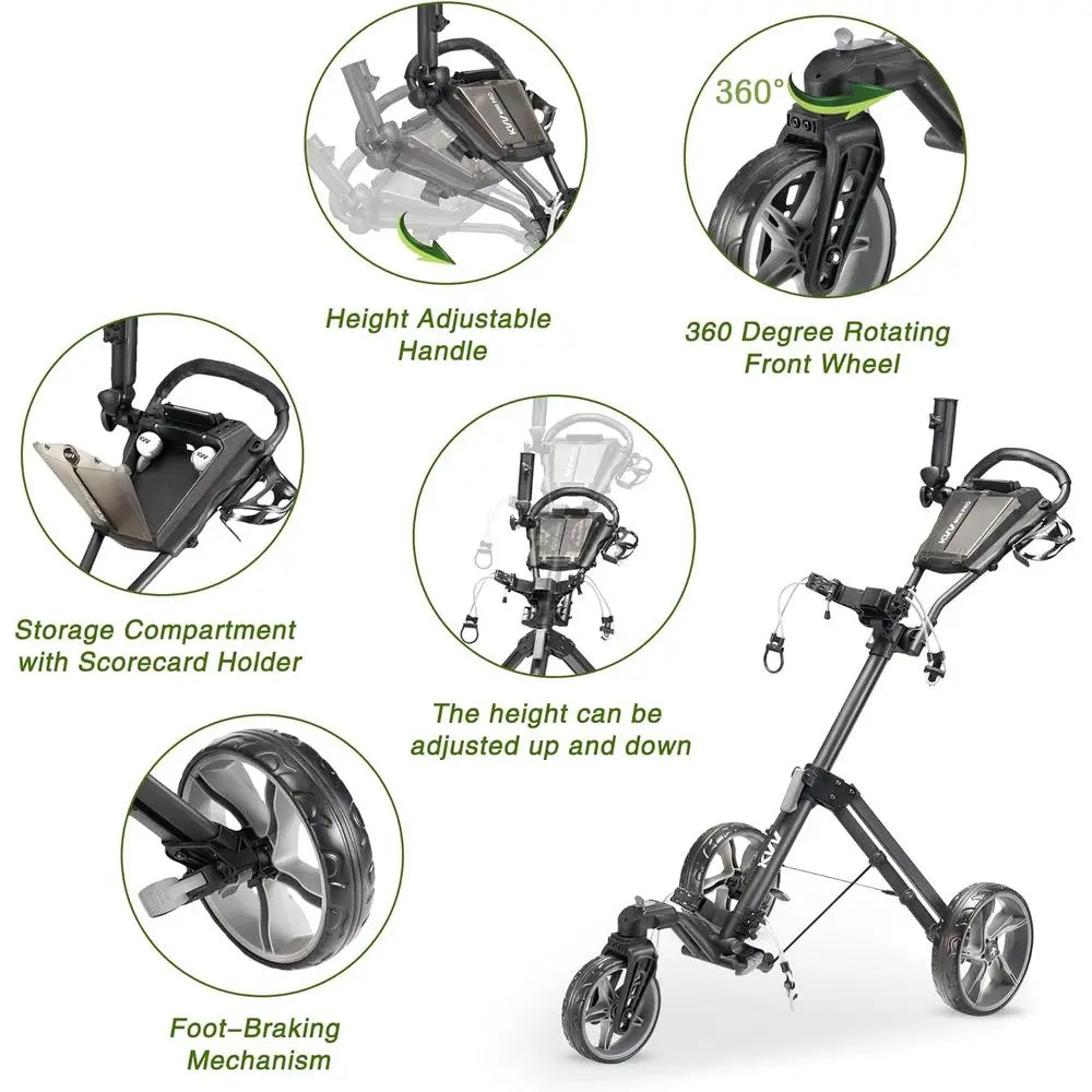 Compact Adjustable Golf Push Cart with 360 Swivel Wheel for All Ages in Charcoal