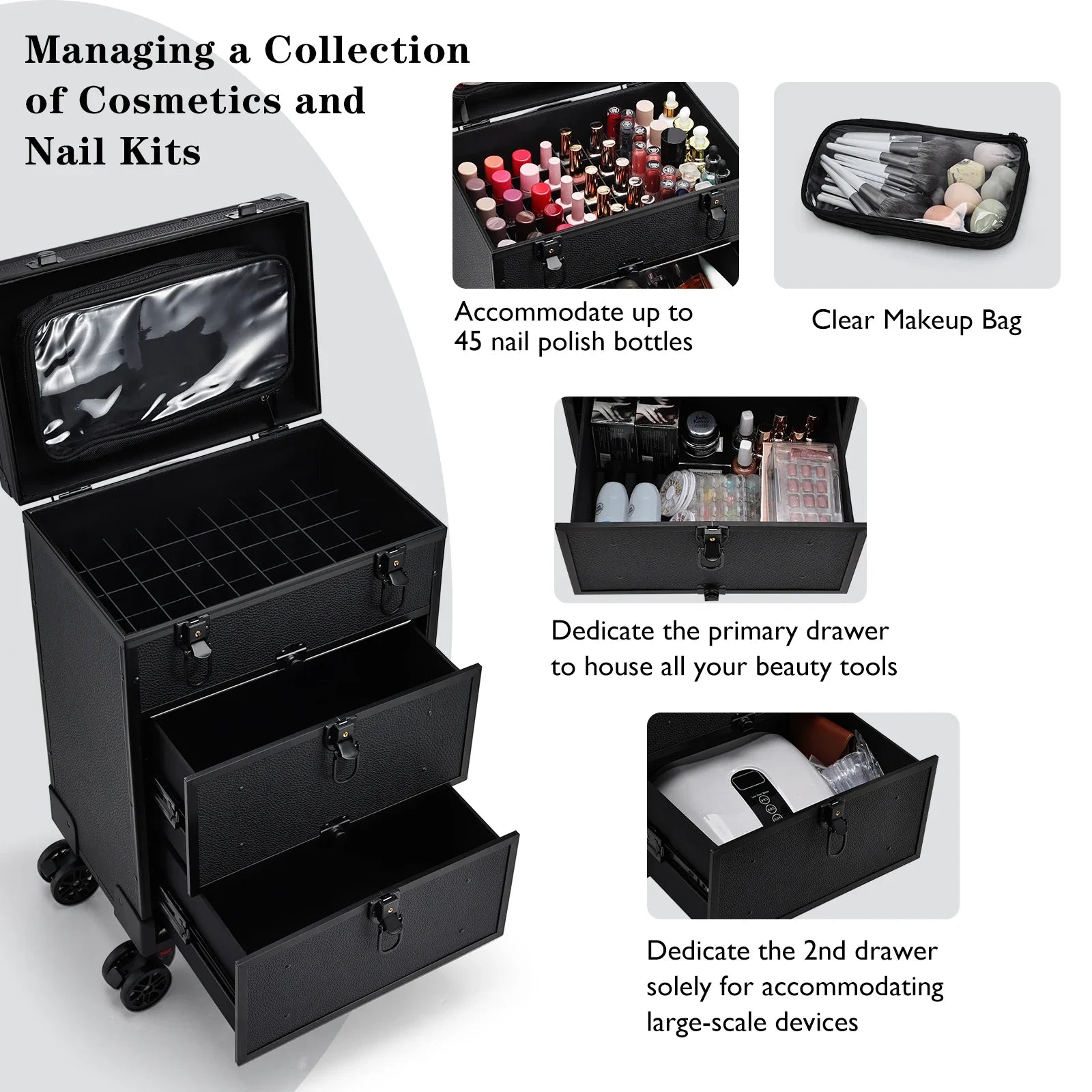 Professional 3 in 1 Rolling Makeup Case on Wheels 2 Large Drawer Nail Trolley Traveling Cosmetic Train Case with Makeup Pouch