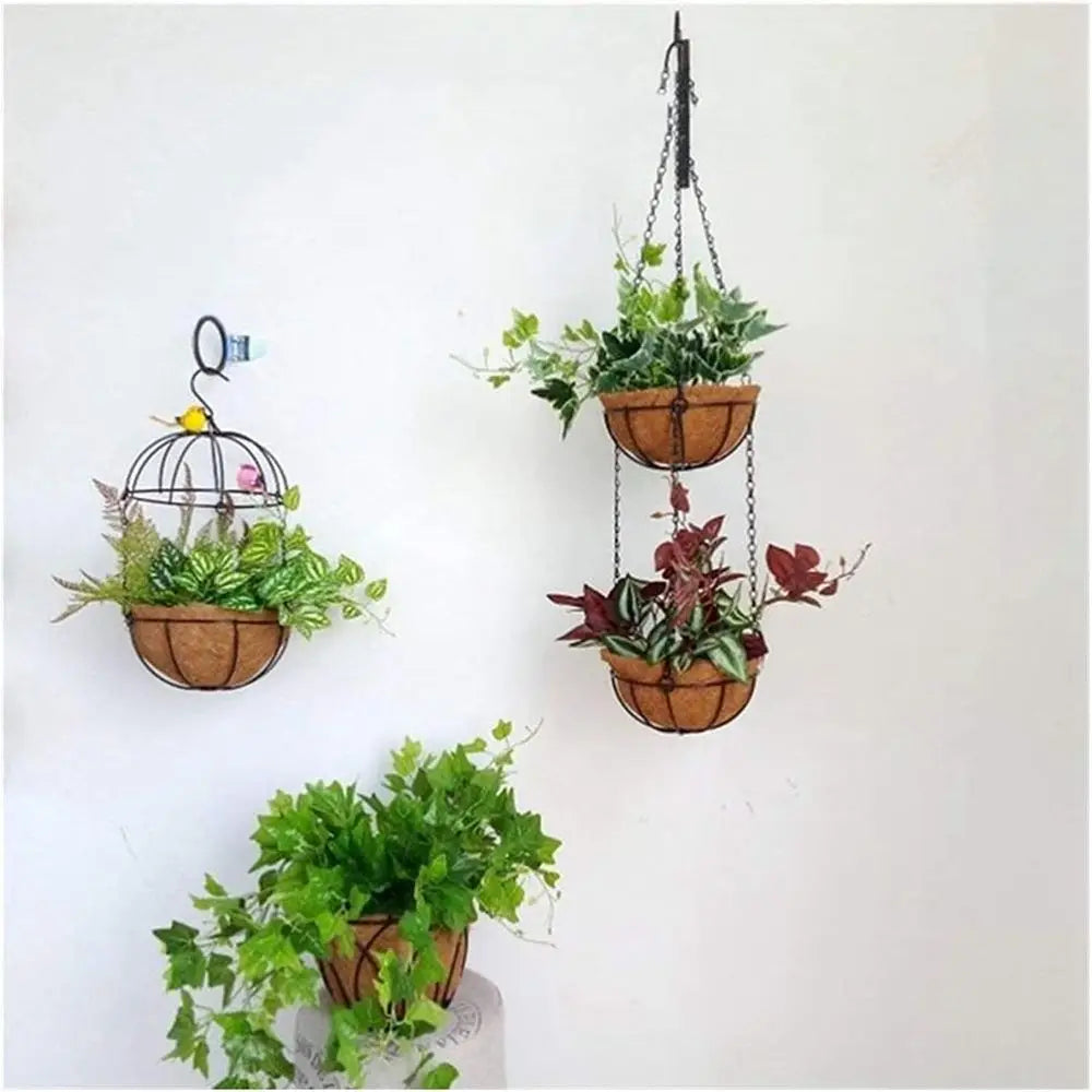 Brown Iron Chain Hanging Basket for Outdoor Plants - Suitable for Porch, Hallway, and Patio